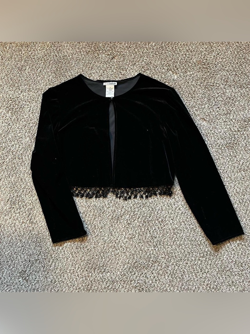 After Dark black velvet button front beaded fringe cardigan